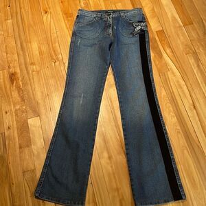 roccobarocco lightly distressed single velvet tuxedo stripe crystal bow jeans 27